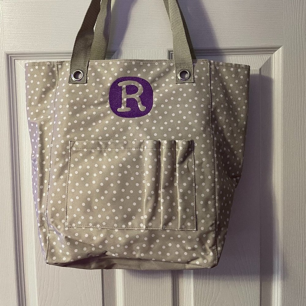 Thirty One Tall Organizing Tote- taupe dancing dot letter R